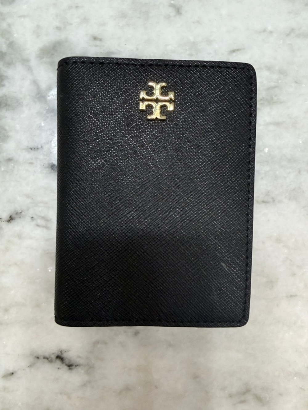 Tory Burch Black Saffiano Leather Card Holder with Gold Logo